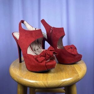 Olsenboye Red Suede Stiletto Heels Size 8.5 Peep Toe Bow Detailing Betty Boop